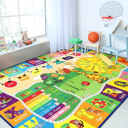 Chicrug Educational Kid Area Rug for Playroom, 5x7 Feet TPR Non Slip Kids Classroom Carpet Rug for Learning ABC Animal, Shape Color Fruit, Washable Play Mat Rug for Children Nursery Toddler Room Decor