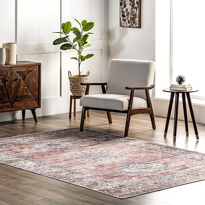 nuLOOM Desna Machine Washable Faded Vintage Ultra Thin Area Rug, 5' x 8', Peach