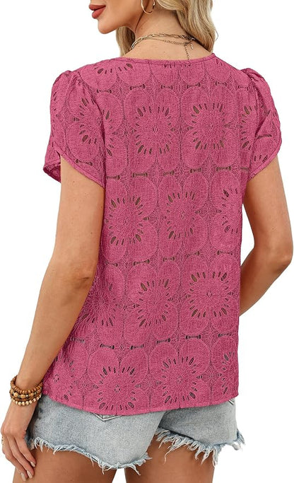 OFEEFAN Blouses for Women Dressy Casual Petal Short Sleeve Shirts Crochet Lace Boho Tops Spring Fashion Summer Outfits