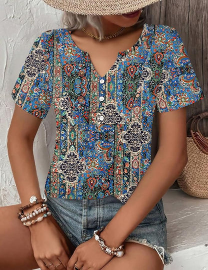 Zeagoo Womens Short Sleeve Tops Summer Henley V-Neck Tshirts Casual Pleated Blouse Dressy Loose Floral Basic Tee