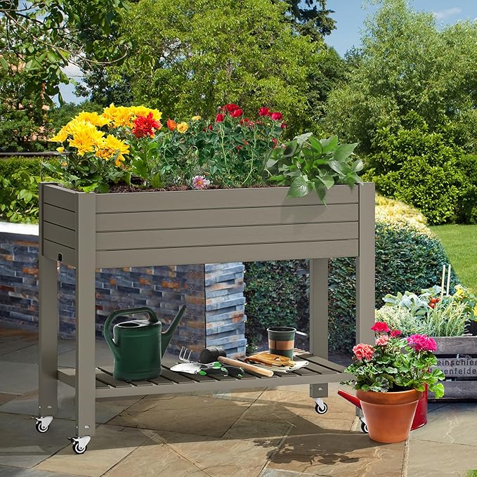 YITAHOME 43.3x17.7x34 in Elevated Garden Bed, Outdoor Plastic Planter Box with Wheels, Legs, Drain Plug, and Storage Shelf for Plants, Vegetables, Flowers, Herbs, Light Brown