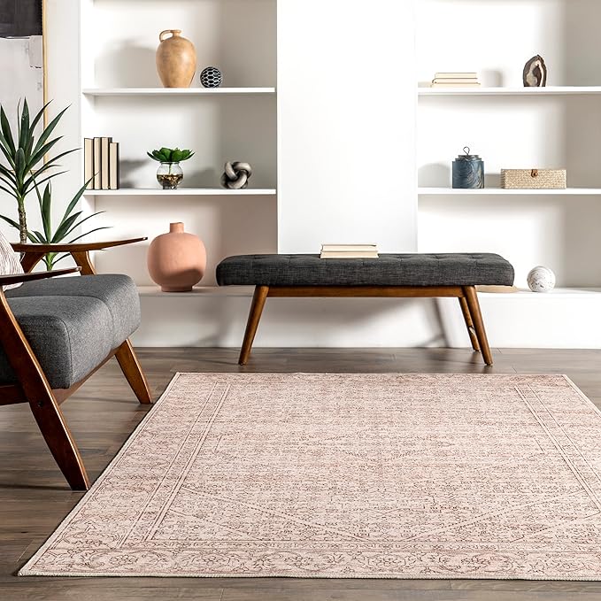 nuLOOM Shontal Traditional Machine Washable Ultra Thin Area Rug, 4' x 6', Beige