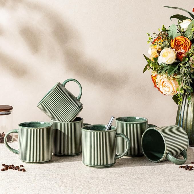 GBhome Coffee Mugs Set of 6，12 oz Coffee Cups with Handle | Cups for Latte, Tea, Cocoa & Milk, Ideal for Daily Use & Gifts, Microwave & Dishwasher Safe, Dark Green