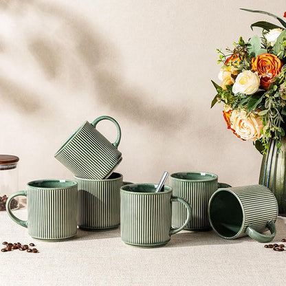 GBhome Coffee Mugs Set of 6，12 oz Coffee Cups with Handle | Cups for Latte, Tea, Cocoa & Milk, Ideal for Daily Use & Gifts, Microwave & Dishwasher Safe, Dark Green