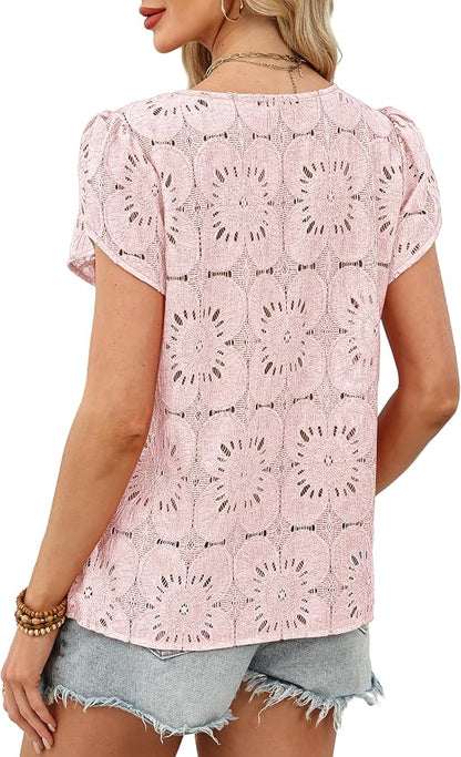 OFEEFAN Blouses for Women Dressy Casual Petal Short Sleeve Shirts Crochet Lace Boho Tops Spring Fashion Summer Outfits
