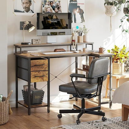 CubiCubi L Shaped Computer Desk with Monitor Stand & Shelves, 47 Inch Corner Home Office Desk Writing Table with Storage Drawer, Brown