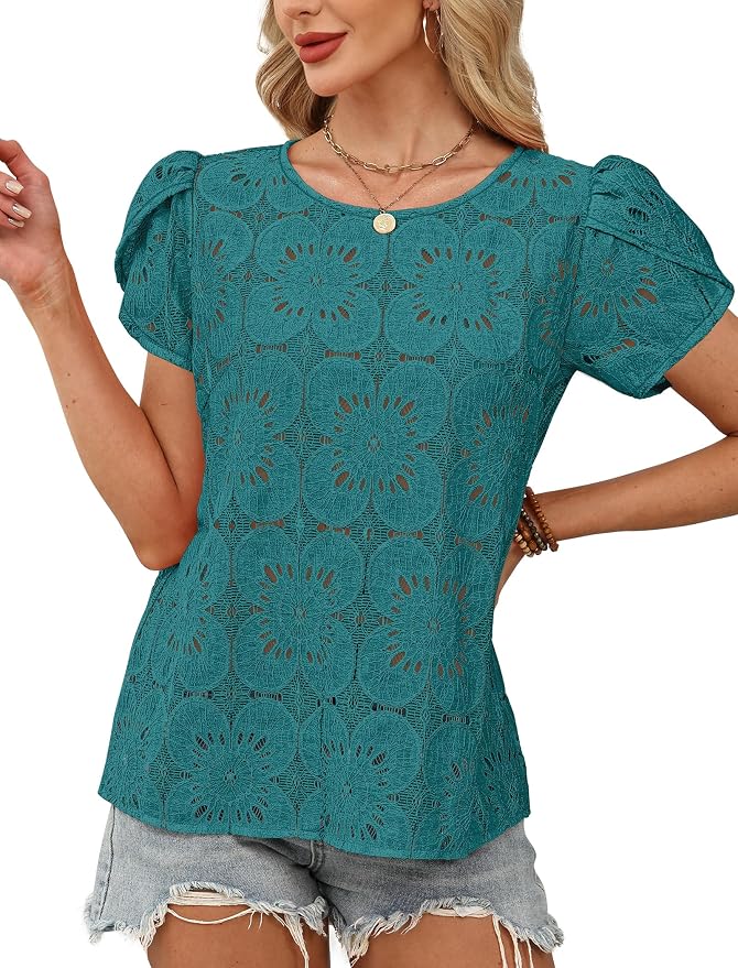 OFEEFAN Blouses for Women Dressy Casual Petal Short Sleeve Shirts Crochet Lace Boho Tops Spring Fashion Summer Outfits