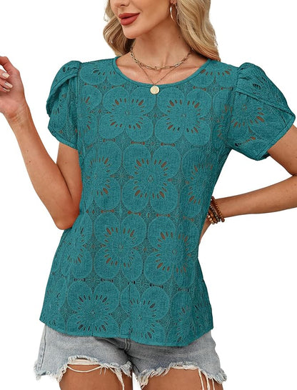 OFEEFAN Blouses for Women Dressy Casual Petal Short Sleeve Shirts Crochet Lace Boho Tops Spring Fashion Summer Outfits