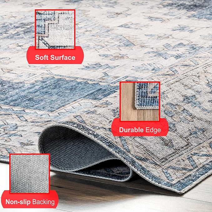 nuLOOM Dania Machine Washable Medallion Ultra Thin Area Rug, 8' x 10', Navy
