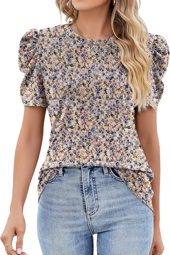 Ivicoer Puff Short Sleeve Shirt for Women Eyelet Tops Summer Crewneck Blouse Loose Fit S-XXL