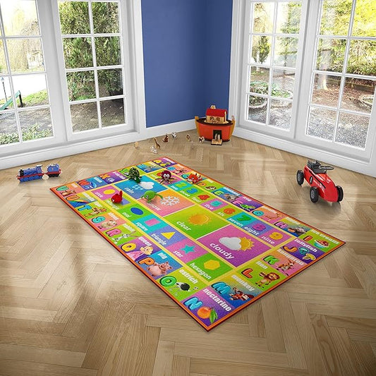 Kids Education Rug Carpet Playmat - ABC Alphabet, Numbers, Shapes and Weather, Extra Large Learn Have Fun Safe, Children's Educational, Multi Color Activity Centerpiece Play Mat! for Bedroom Playroom