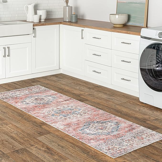nuLOOM Desna Machine Washable Faded Vintage Ultra Thin Runner Rug, 2' 6" x 8', Peach