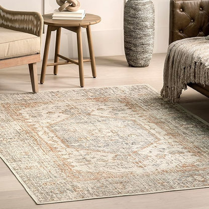 nuLOOM 2x10 Machine Washable Rain Haven Vintage Medallion Area Rug, Light Grey, Traditional Faded Design, Non-Slip Backing, Stain Resistant, For Bedroom, Dining Room, Living Room, Kitchen