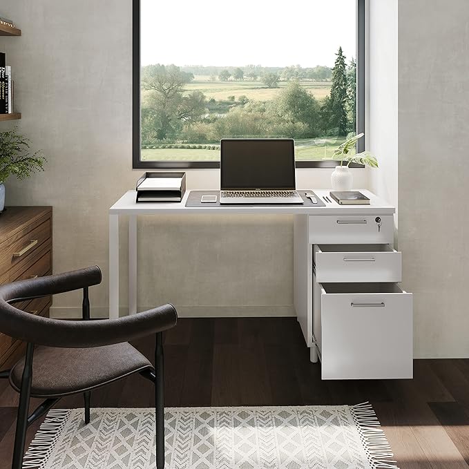 Milano Home Office Desk - 47 Inch White/White Home Office Desk with Drawers - Modern Computer Desk with Storage, Detachable & Lockable Computer Cabinet - Wooden Office, Study, and Writing Table