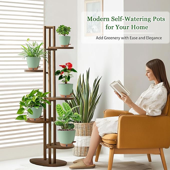 Self Watering Pots for Inoor Ourdoor Plants 8/7/6.5/6/5 Inch Plastic Planters with Drainage Holes & Water Level Indicator, Decorative House Flower Nursery Planting Pots with Saucers(Green)