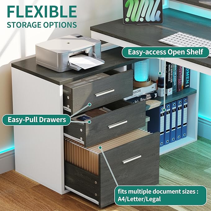 YITAHOME L Shaped Desk with Power Outlets & LED Lights & File Cabinet, 55" Corner Computer Desk with 3 Drawers & 2 Storage Shelves, Home Office Desk with Monitor Stand, White & Grey