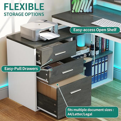 YITAHOME L Shaped Desk with Power Outlets & LED Lights & File Cabinet, 55" Corner Computer Desk with 3 Drawers & 2 Storage Shelves, Home Office Desk with Monitor Stand, White & Grey