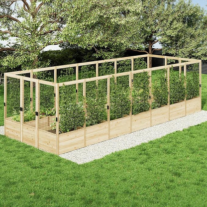 AMERLIFE Raised Garden Bed with Deer Proof Fence, 7.5Wx20Dx6H Outdoor Wooden Raised Garden Bed Planter with 19" Depth Planter Box