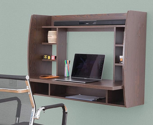 Wall Mount Laptop Office Desk with Shelves, Brown,