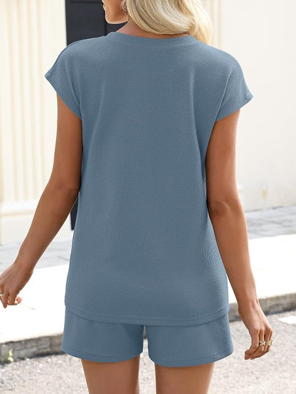 ANRABESS Womens Waffle Knit 2 Piece Short Sets Cap Sleeve Summer 2026 Matching Lounge Outfits Travel Beach Vacation Sweatsuit