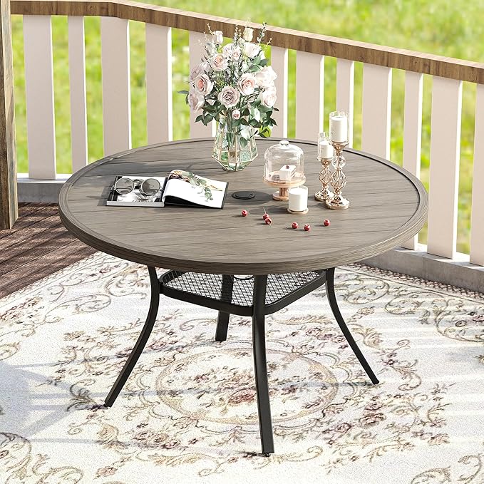 VICLLAX 47.2" Outdoor Round Patio Table for Lawn Garden, All Weather Metal Round Outdoor Dining Table with Adjustable Umbrella Hole, 6 Person Patio Table, Grey Wood-Like Tabletop