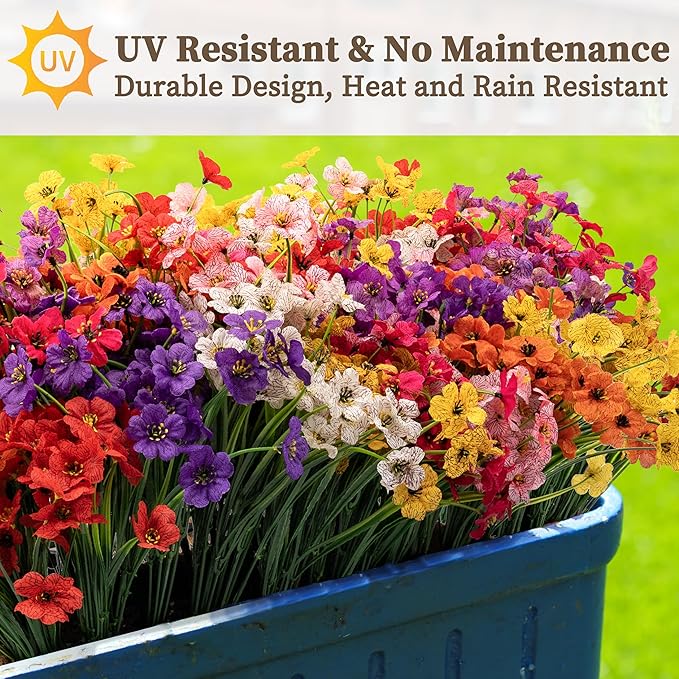 24 Bundles Artificial Flowers for Outdoors/Indoors, Fake Flowers Plants for Indoor Outside Garden Porch Window Box Home Wedding Farmhouse(8 Color)