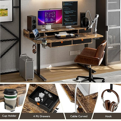 Standing Desk with Drawers 63x30 Inches large Standing Desk,Adjustable Height Desk with 4 PU Drawers,Storage Shelvers Sit Stand Up Desk,Home Office Computer Desk(Rustic Brown)