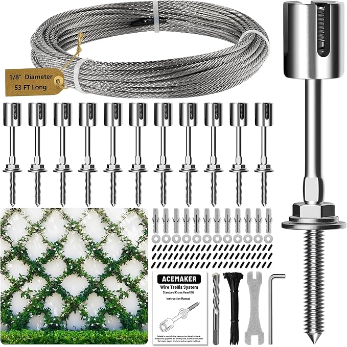 Wire Trellis for Climbing Plants Outdoor, 12-Set Wall Wire Trellis Kit with 1/8in x 53ft Stainless Steel Cable, T316 Espalier System for Fence and Garden DIY Projects