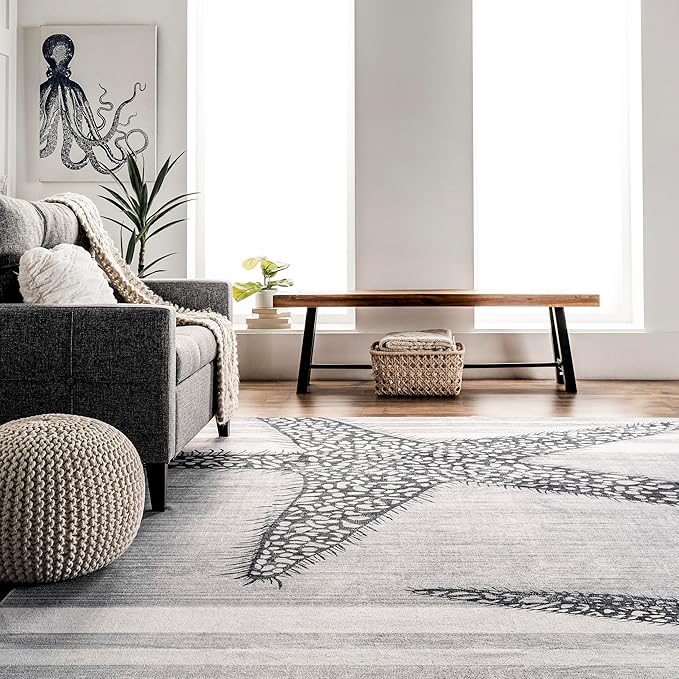 nuLOOM Starfish and Stripes Machine Washable Ultra Thin Runner Rug, 2' 6" x 8', Light Grey