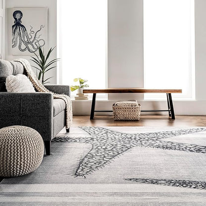 nuLOOM Starfish and Stripes Machine Washable Ultra Thin Runner Rug, 2' 6" x 8', Light Grey