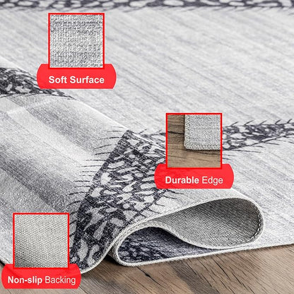 nuLOOM Starfish and Stripes Machine Washable Ultra Thin Runner Rug, 2' 6" x 8', Light Grey