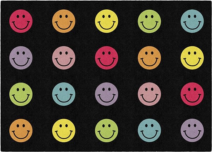 Flagship Carpets Schoolgirl Style Rainbow Smileys in Black Criss-Cross Applesauce Educational Area Rug for Kids Room, Children's Classroom for Teaching and Playroom, 5' x 7'6", Black & Multi, Seats 20