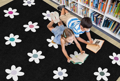 Flagship Carpets Schoolgirl Style Daisies on Black Criss-Cross Applesauce Educational Area Rug for Kids Room, Children's Classroom, Play Carpet for Teaching and Playroom, 5' x 7'6", Seats 20