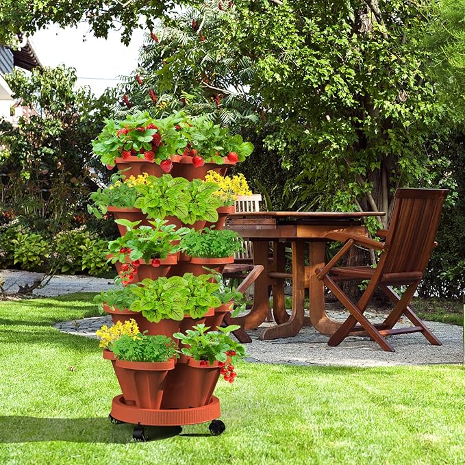 Strawberry Vertical Planter, 5 Tiered Stacking Garden Tower, Stackable Herb Vegetable Planters with Support Pole Indoor and Outdoor - Terra Cotta