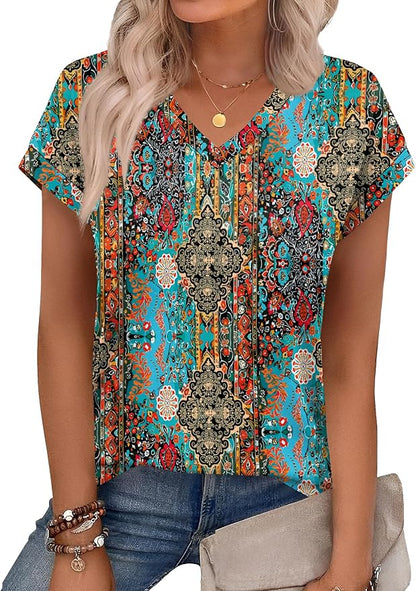 Rapbin Womens Summer Tops Women Blouses Dressy Casual V Neck T Shirts Short Sleeve Spring Tops for Women