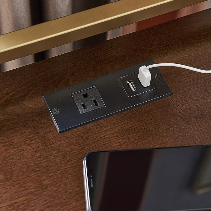 Leick Home 9069-WA One Drawer Nightstand Side Table Contemporary Modern USB-C Fast Charging Station A/C USB Charging Port Integrated Durable Solid Metal Wood Living Room Bedroom Office Walnut and Gold