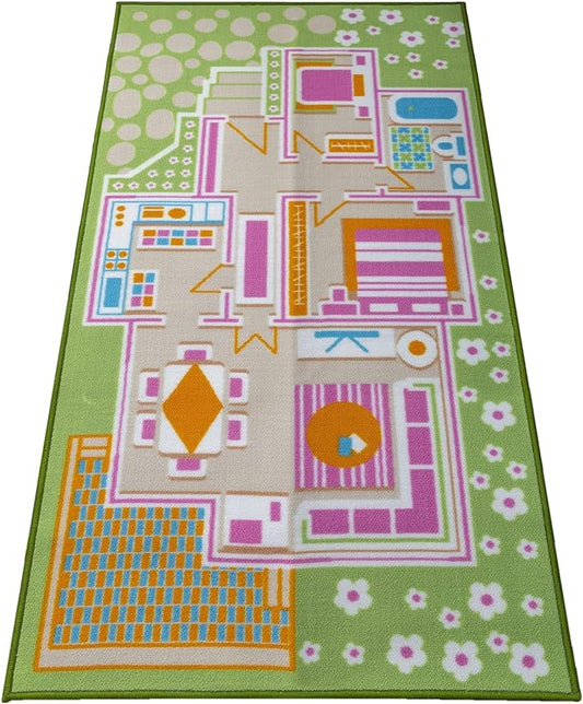 Kids Carpet Playmat Rug Play Time! Fun House Great for Playing with Dolls Mini People Figures Cars, Toys - Play Safe & Have Fun - Children Play Mat, Game Area Includes