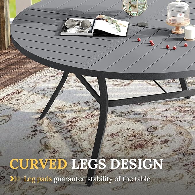 VICLLAX Round Patio Table with Adjustable Umbrella Hole for 8, All Weather Metal Outdoor Dining Table for Lawn Garden, 53.1" Outdoor Coffee Table, Grey Tabletop