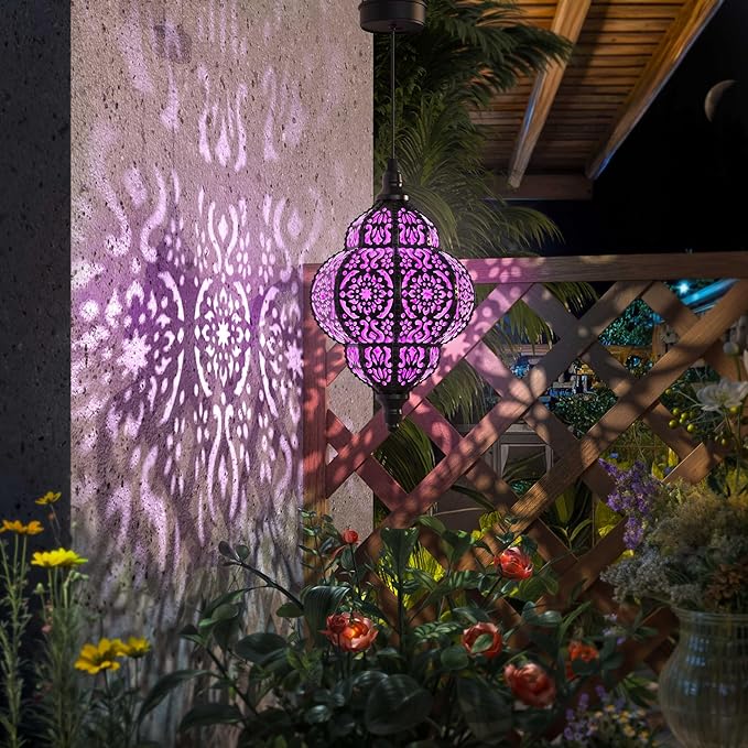 Hanging Solar Lights Outdoor Garden Decor Solar Lantern Waterproof Plastic Moroccan Outdoor Decorations for Patio Pathway Yard Backyard Garden Decorative (2, Purple)