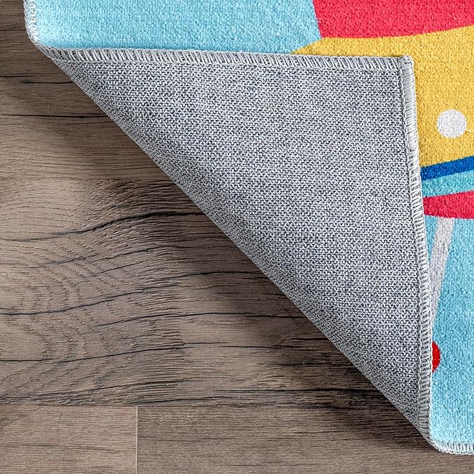 nuLOOM Eddie Outer Space Machine Washable Kids Ultra Thin Area Rug, 7' x 9', Light Blue Multi