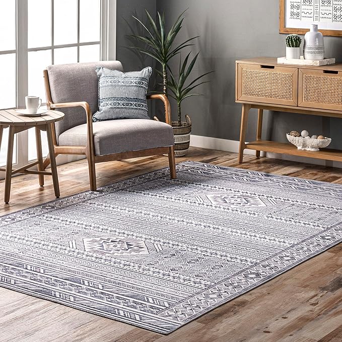 nuLOOM Jenine Southwestern Machine Washable Ultra Thin Area Rug, 6x9, Grey