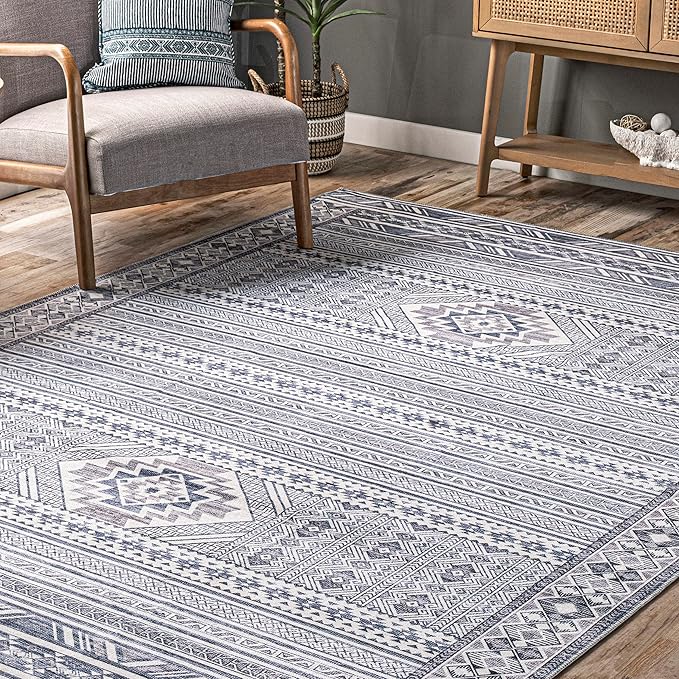nuLOOM Jenine Southwestern Machine Washable Ultra Thin Area Rug, 6x9, Grey