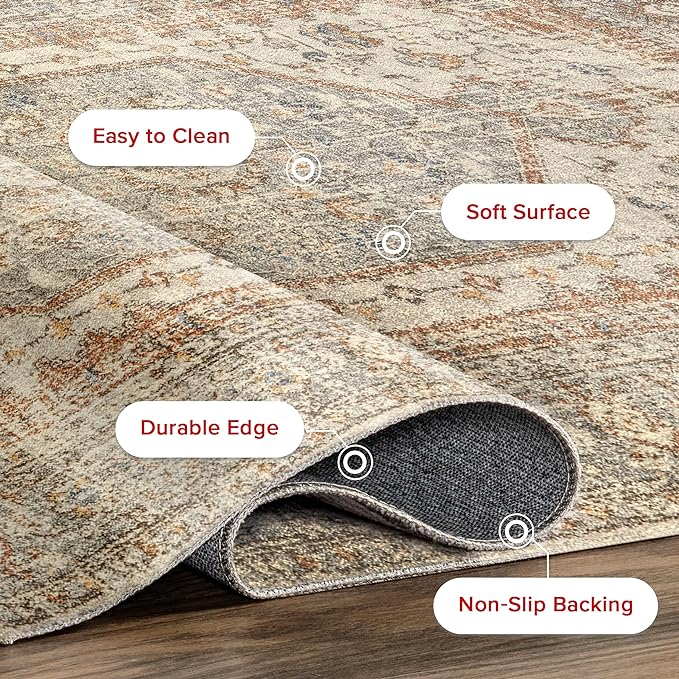 nuLOOM 2x10 Machine Washable Rain Haven Vintage Medallion Area Rug, Light Grey, Traditional Faded Design, Non-Slip Backing, Stain Resistant, For Bedroom, Dining Room, Living Room, Kitchen