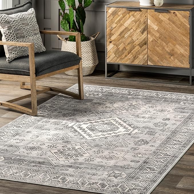 nuLOOM 5x8 Machine Washable Rain Haven Vintage Medallion Area Rug, Grey, Traditional Faded Design, Non-Slip Backing, Stain Resistant, For Bedroom, Dining Room, Living Room, Kitchen