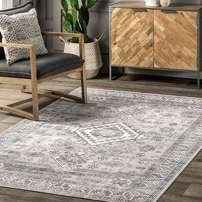 nuLOOM 5x8 Machine Washable Rain Haven Vintage Medallion Area Rug, Grey, Traditional Faded Design, Non-Slip Backing, Stain Resistant, For Bedroom, Dining Room, Living Room, Kitchen