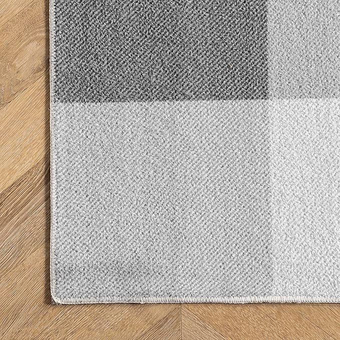 nuLOOM Lucy Machine Washable Farmhouse Buffalo Plaid Ultra Thin Runner Rug, 2' 6" x 10', Grey