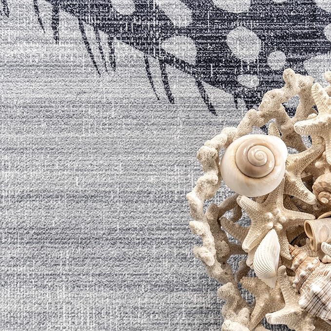 nuLOOM Starfish and Stripes Machine Washable Ultra Thin Runner Rug, 2' 6" x 8', Light Grey