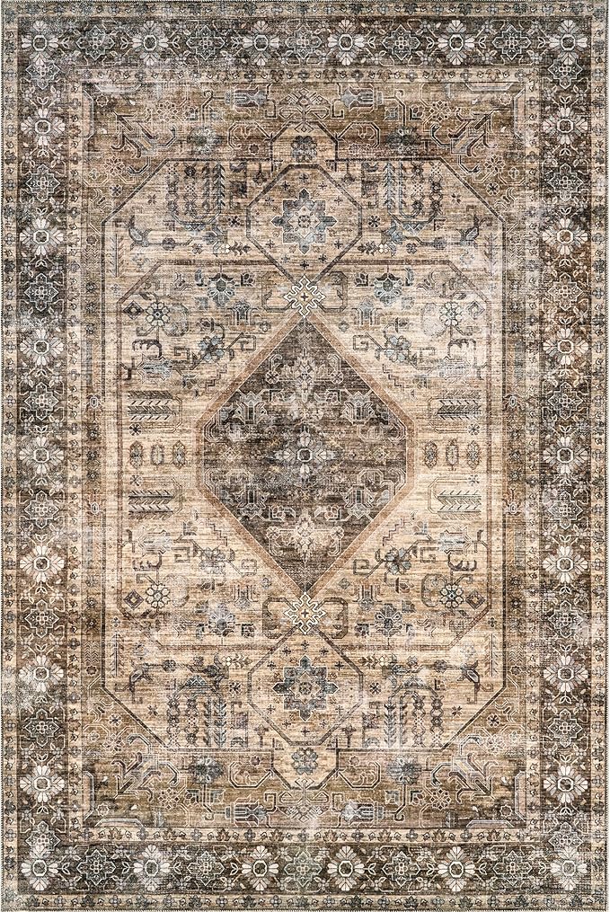nuLOOM Devin Machine Washable Vintage Medallion Ultra Thin Accent Rug, 2' x 3', Light Brown