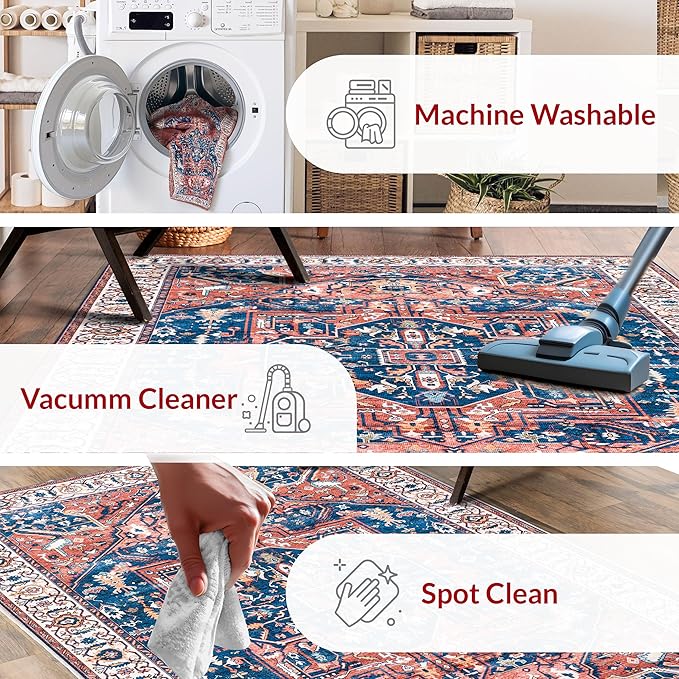 nuLOOM 4x6 Machine Washable Rain Haven Vintage Medallion Area Rug, Rust, Traditional Faded Design, Non-Slip Backing, Stain Resistant, For Bedroom, Dining Room, Living Room, Kitchen