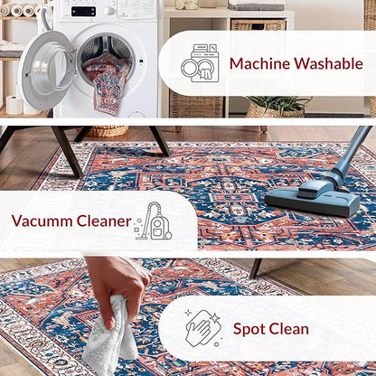nuLOOM 4x6 Machine Washable Rain Haven Vintage Medallion Area Rug, Rust, Traditional Faded Design, Non-Slip Backing, Stain Resistant, For Bedroom, Dining Room, Living Room, Kitchen